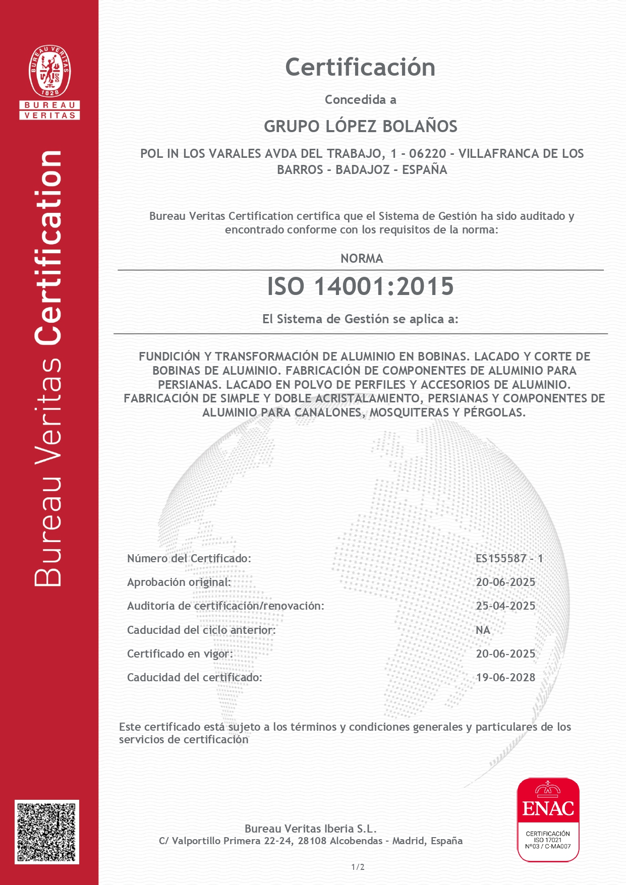 Certificado ISO 14001 de Bureau Veritas