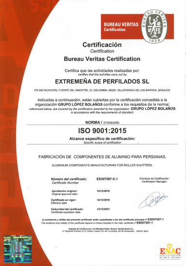Certificado ISO9001:2008 de Calidad para Expalum, certificado por Bureau Veritas